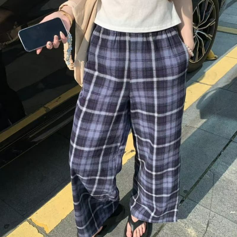 실사 정가 여름 새로운 한국 스타일 캐주얼 루즈핏 슬림해 보이는 스트레이트 와이드 레그 팬츠 다용도 레트로 블루 그리드 바지 이미지 5