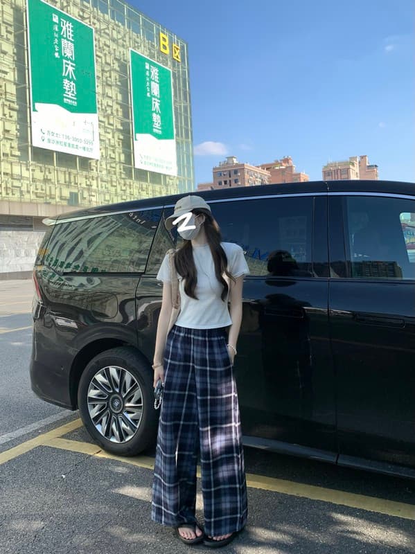 실사 정가 여름 새로운 한국 스타일 캐주얼 루즈핏 슬림해 보이는 스트레이트 와이드 레그 팬츠 다용도 레트로 블루 그리드 바지 상세 이미지 8