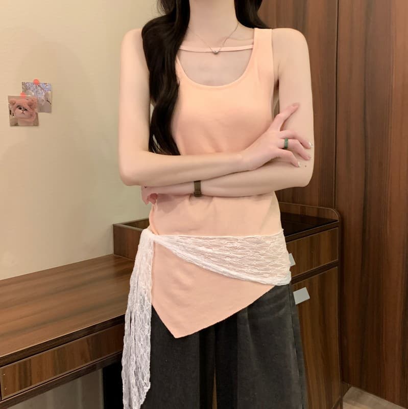 실사 정가 프랑스식 고급 센스 품격 u 칼라 디자인 센스 주름 허리 수축 패치워크 레이스 스트랩 캐미솔 상세 이미지 23