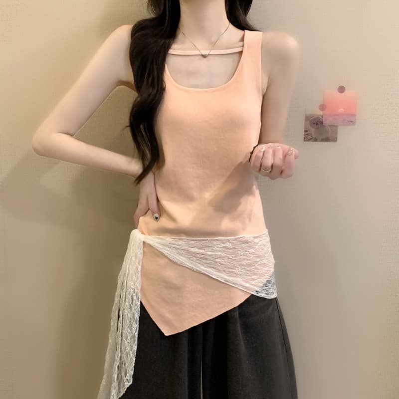 실사 정가 프랑스식 고급 센스 품격 u 칼라 디자인 센스 주름 허리 수축 패치워크 레이스 스트랩 캐미솔 상세 이미지 28