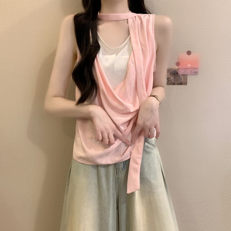 실사 정가 여름 새로운 한국 스타일 루즈핏 흔들다 칼라 디자인 센스 작은 대중 패션 다용도 민소매 페이크 레이어드 맨위 상세 이미지 27