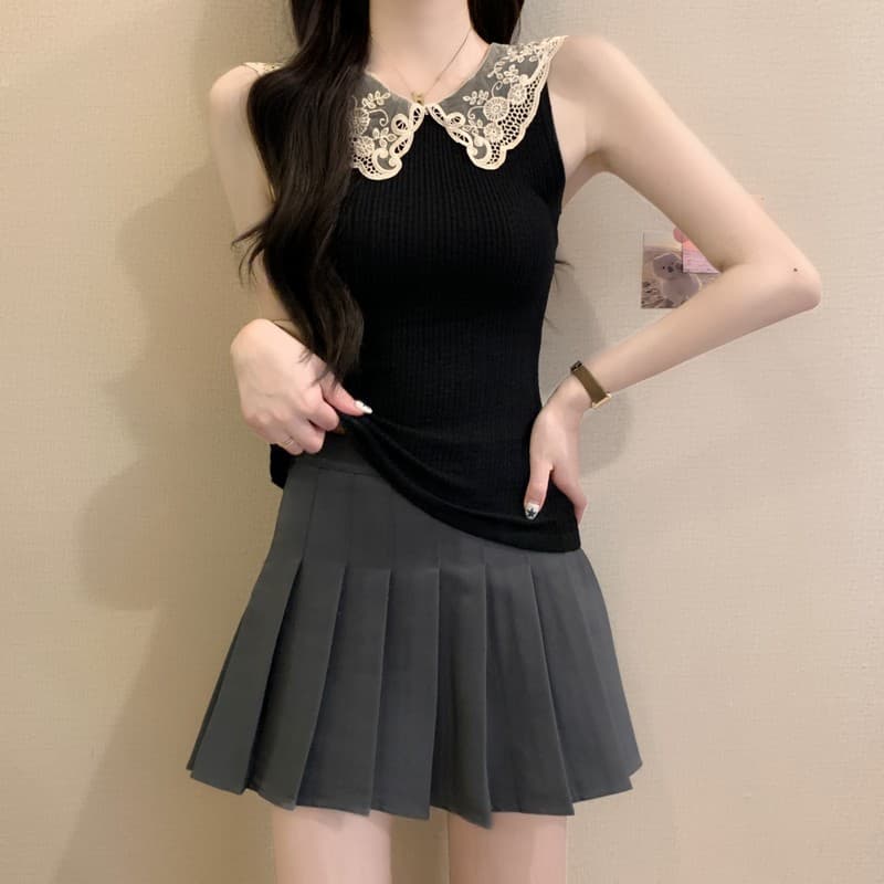실사 정가 여름 새로운 한국 스타일 디자인 센스 레이스 베이비 칼라 달콤함 몸매 가꾸기 품격 얇은 스타일 니트 조끼 이미지 4