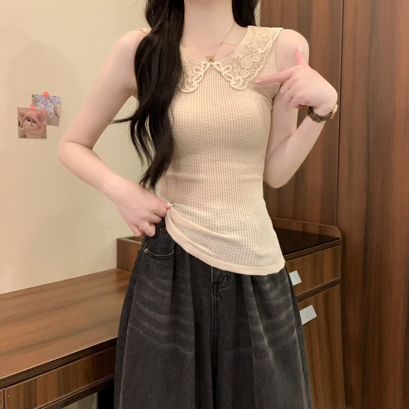 실사 정가 여름 새로운 한국 스타일 디자인 센스 레이스 베이비 칼라 달콤함 몸매 가꾸기 품격 얇은 스타일 니트 조끼 상세 이미지 9