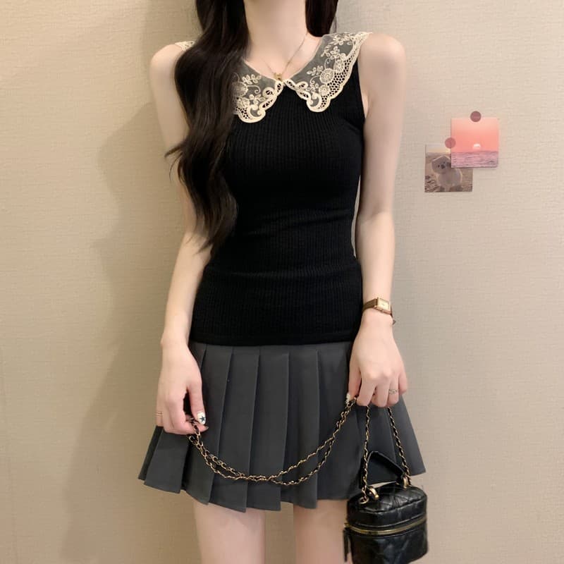 실사 정가 여름 새로운 한국 스타일 디자인 센스 레이스 베이비 칼라 달콤함 몸매 가꾸기 품격 얇은 스타일 니트 조끼 상세 이미지 17