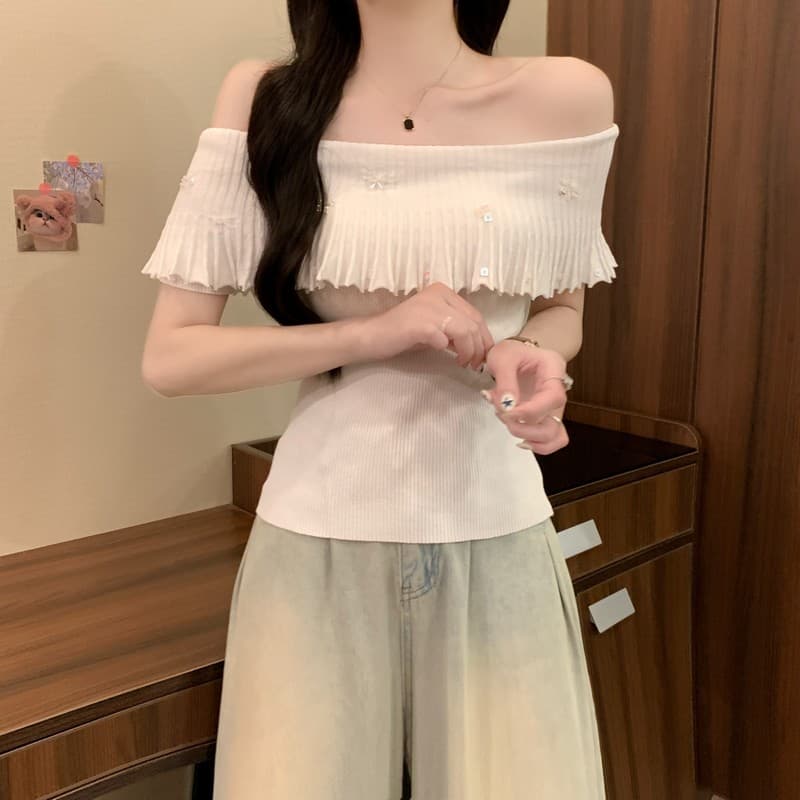 실사 정가 여름 새로운 디자인 센스 프릴 오프숄더 무거운 공예 몸매 가꾸기 슬림해 보이는 고급 센스 니트 스웨터 상세 이미지 4