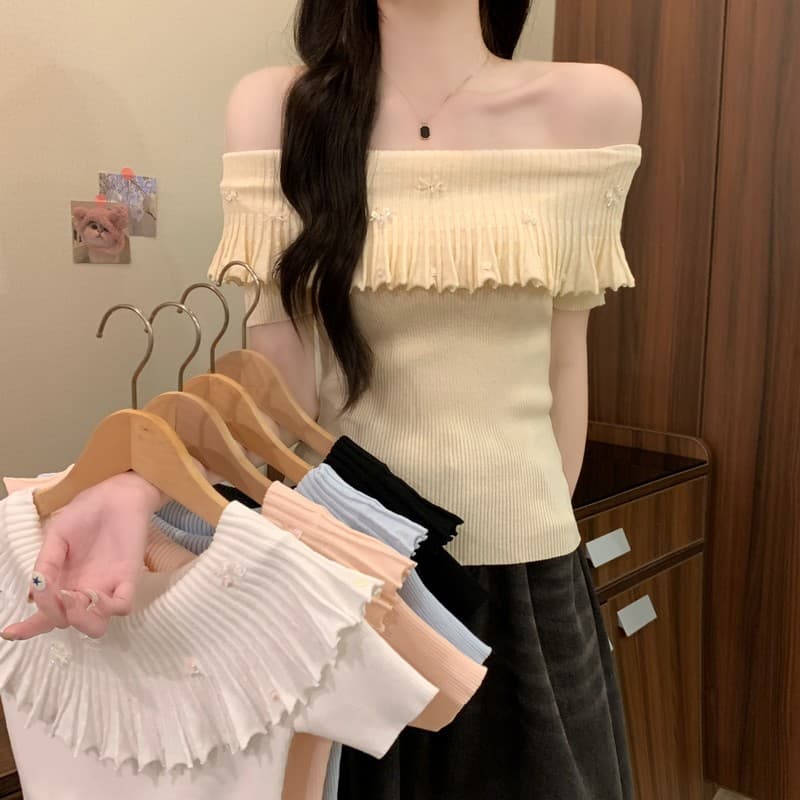 실사 정가 여름 새로운 디자인 센스 프릴 오프숄더 무거운 공예 몸매 가꾸기 슬림해 보이는 고급 센스 니트 스웨터 상세 이미지 10