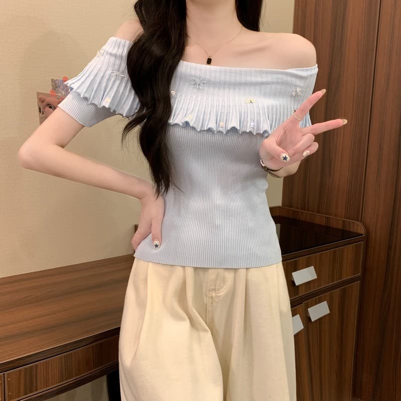 실사 정가 여름 새로운 디자인 센스 프릴 오프숄더 무거운 공예 몸매 가꾸기 슬림해 보이는 고급 센스 니트 스웨터 상세 이미지 23