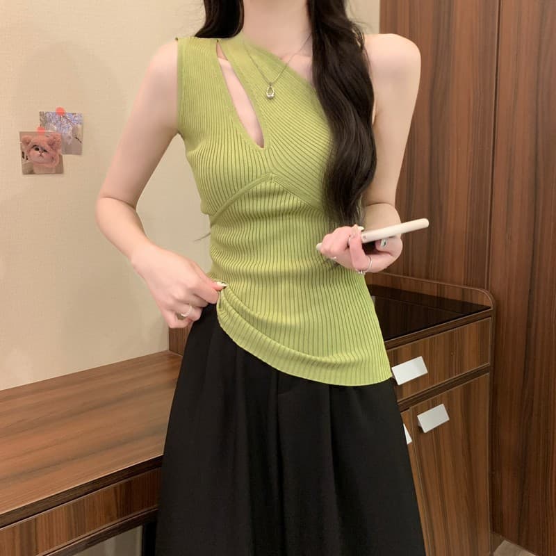 실사 정가 여름 새로운 디자인 센스 홀로우 아웃 불규칙 비스듬한 어깨 허리 수축 민소매 슬림해 보이는 니트 외출용 조끼 이미지 3