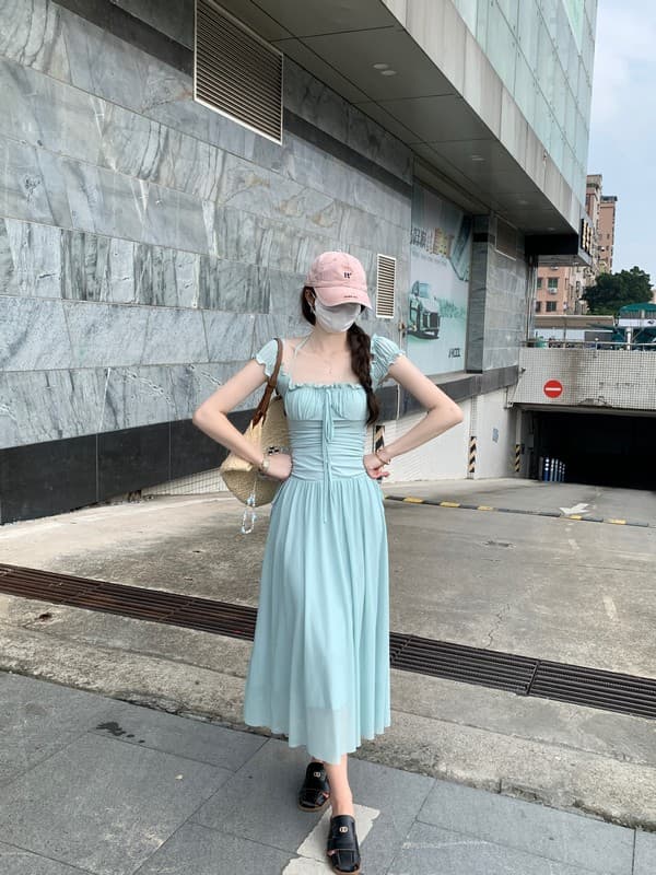 실사 정가 계단식 낭만주의 망사 해변가 휴가 여성 드레스 여름 섬 광장 칼라 품격 치마 이미지 2