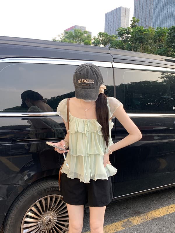 실사 정가 여름 새로운 한 부서 부드러운 달콤함 프릴 레이스업 루즈핏 슬림해 보이는 V넥 작은 날다 소매 셔츠 상세 이미지 9