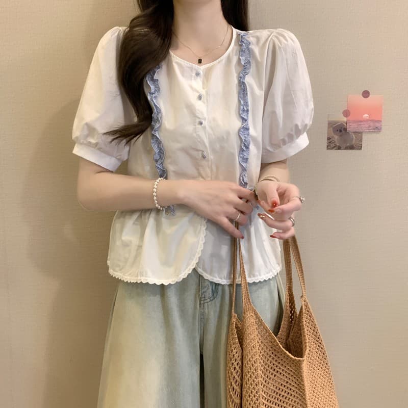 실사 정가 여름 새로운 한국 스타일 달콤함 프릴 긍정적 인 어깨 패션 품격 연령 감소 거품 소매 여성 셔츠 이미지 3