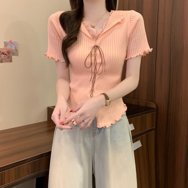 실사 정가 여름 새로운 디자인 센스 레이스 조각 V넥 레이스업 프릴 몸매 가꾸기 슬림해 보이는 니트 맨위 상세 이미지 20