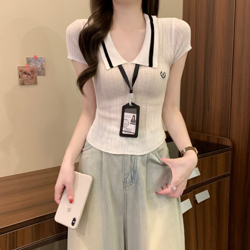 실사 정가 여름 새로운 한국 스타일 학원 스타일 폴로 칼라 작은 키 몸매 가꾸기 슬림해 보이는 디자인 센스 반팔 니트 스웨터 상세 이미지 4