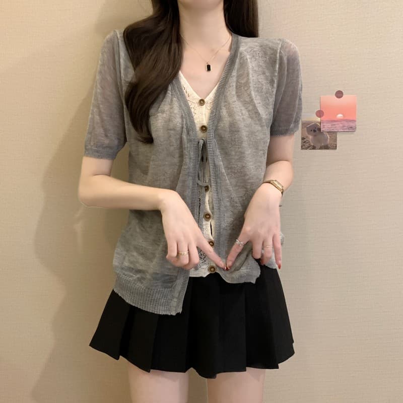 실사 정가 여름 새로운 한국 스타일 패션 다용도 캐주얼 패치워크 레이스 레이스업 얼음 실크 페이크 레이어드 맨위 이미지 3