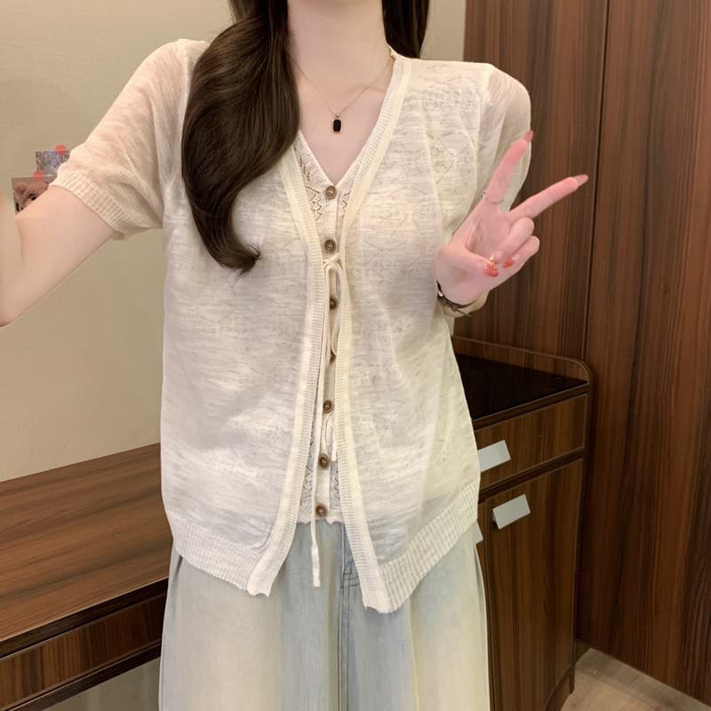 실사 정가 여름 새로운 한국 스타일 패션 다용도 캐주얼 패치워크 레이스 레이스업 얼음 실크 페이크 레이어드 맨위 상세 이미지 6