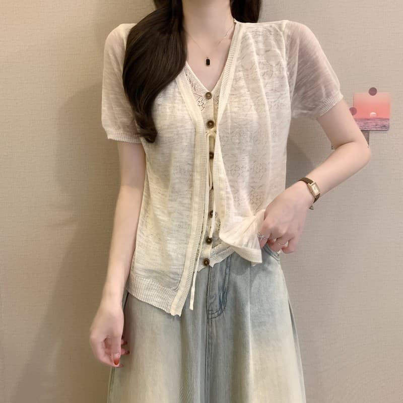 실사 정가 여름 새로운 한국 스타일 패션 다용도 캐주얼 패치워크 레이스 레이스업 얼음 실크 페이크 레이어드 맨위 상세 이미지 9