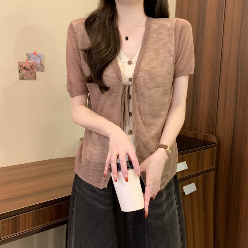 실사 정가 여름 새로운 한국 스타일 패션 다용도 캐주얼 패치워크 레이스 레이스업 얼음 실크 페이크 레이어드 맨위 상세 이미지 17