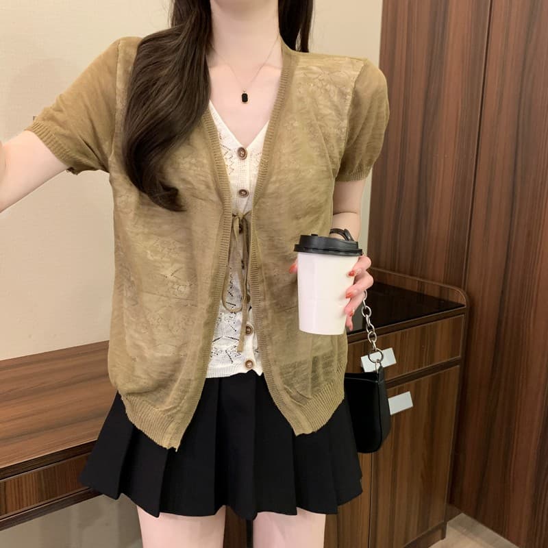 실사 정가 여름 새로운 한국 스타일 패션 다용도 캐주얼 패치워크 레이스 레이스업 얼음 실크 페이크 레이어드 맨위 상세 이미지 25