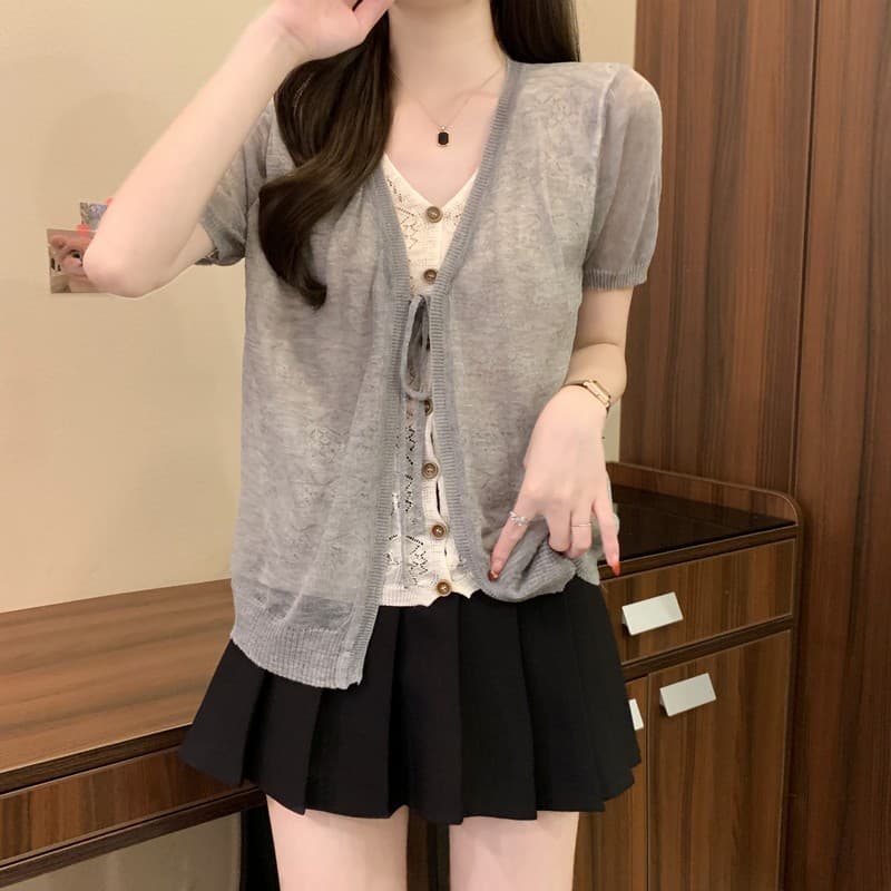 실사 정가 여름 새로운 한국 스타일 패션 다용도 캐주얼 패치워크 레이스 레이스업 얼음 실크 페이크 레이어드 맨위 상세 이미지 30