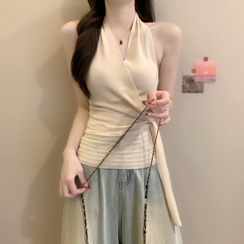 실사 정가 여름 새로운 순수한 욕망 십자가 V넥 행침 목 민소매 품격 핫걸 연령 감소 레이스업 허리 수축 아름다움 뒤로 상세 이미지 5