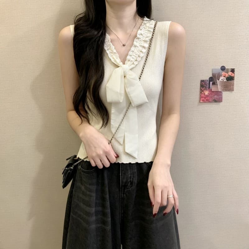 실사 정가 여름 새로운 달콤함 나비 매듭 레이스 V넥 조끼 몸매 가꾸기 슬림해 보이는 다용도 패션 맨위 여성 상세 이미지 9