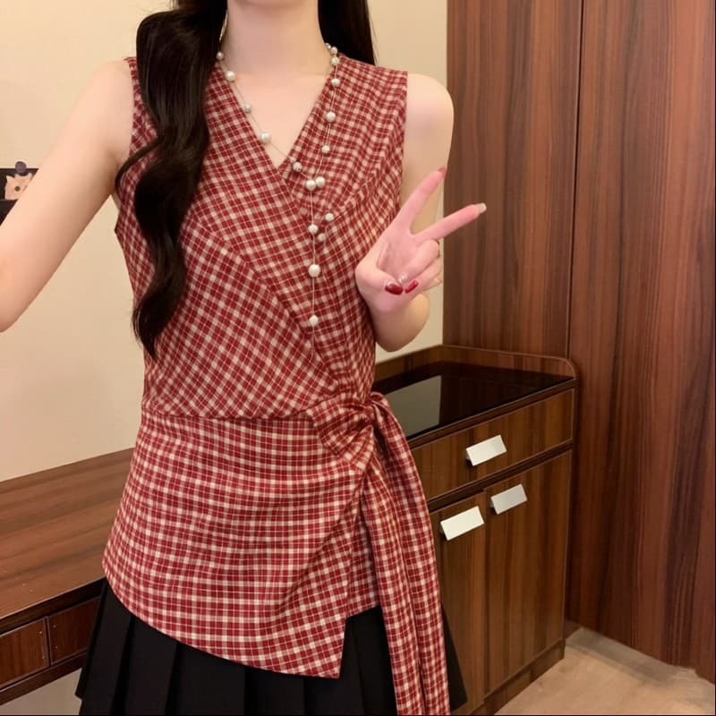 실사 정가 여름 새로운 레트로 항구 바람 체크무늬 V넥 품격 다용도 십자가 스트랩 허리 수축 슬림해 보이는 맨위 상세 이미지 5