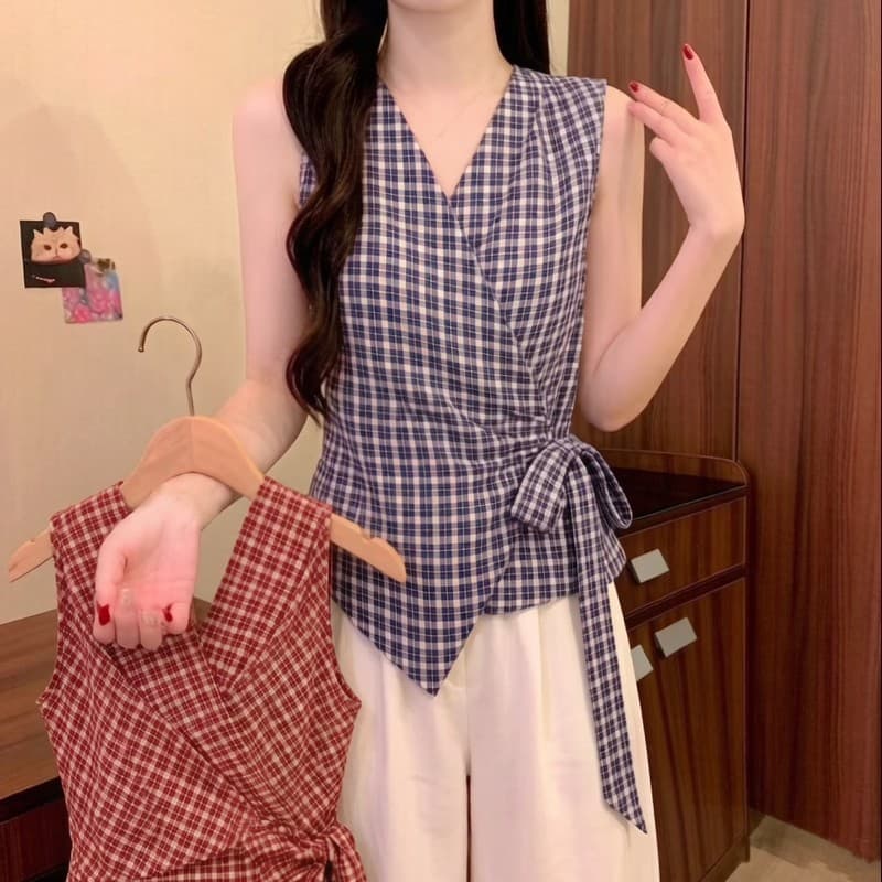 실사 정가 여름 새로운 레트로 항구 바람 체크무늬 V넥 품격 다용도 십자가 스트랩 허리 수축 슬림해 보이는 맨위 상세 이미지 10