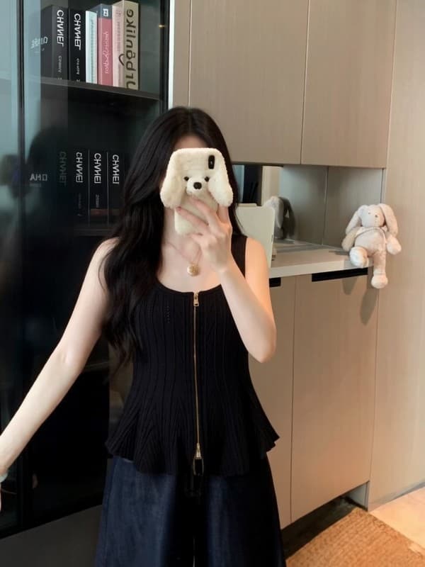 실사 정가 여름 새로운 한국 스타일 순수한 욕망 더블 지퍼 광장 칼라 몸매 가꾸기 허리 수축 민소매 달콤한 매운맛 니트 맨위 상세 이미지 14