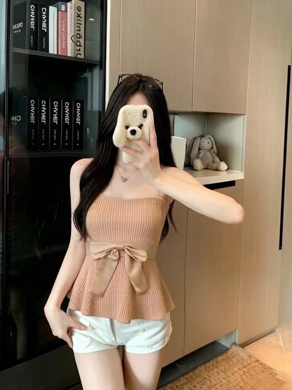 실사 정가 여름 새로운 디자인 센스 작은 대중 순수한 욕망 나비 매듭 꼬집기 허리 슬림해 보이는 니트 튜브탑 치마 맨위 상세 이미지 2