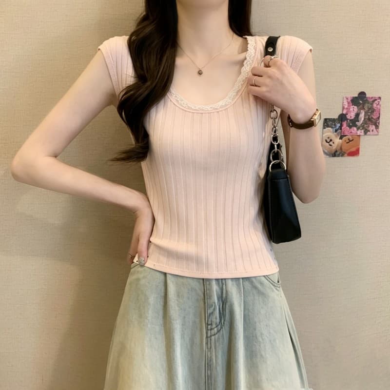 실사 정가 여름 새로운 한국 스타일 라이 경기 서울 면 u 칼라 레이스 조각 구덩이 기사 단색 미니멀리즘 몸매 가꾸기 맨위 상세 이미지 10