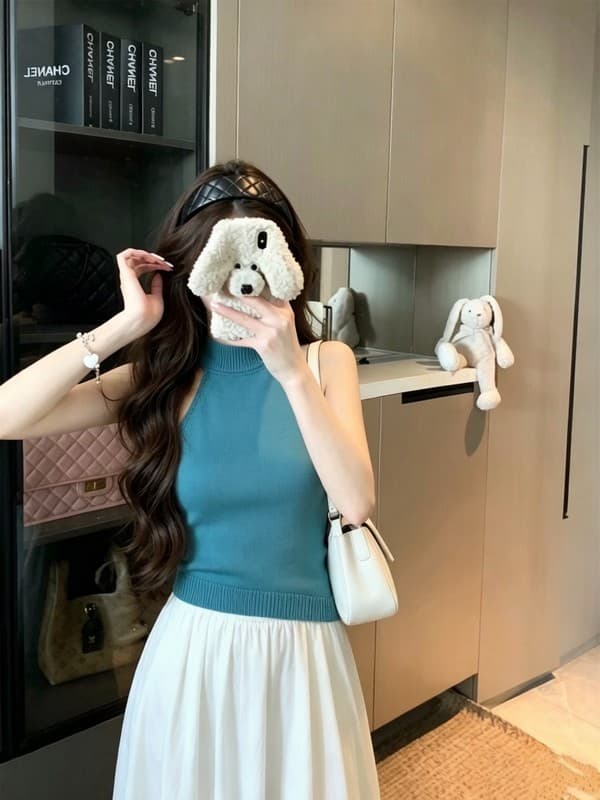 실사 정가 여름 새로운 순수한 욕망 섹시함 디자인 센스 뒤로 더블 레이스업 불규칙 반하이넥 니트 조끼 상세 이미지 16