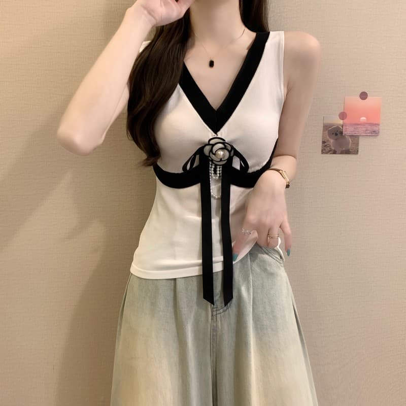실사 정가 여름 새로운 프랑스식 빛 요리 한 작은 샤넬 스타일 V넥 연령 감소 민소매 다용도 로얄 자매 팬 품격 맨위 이미지 2