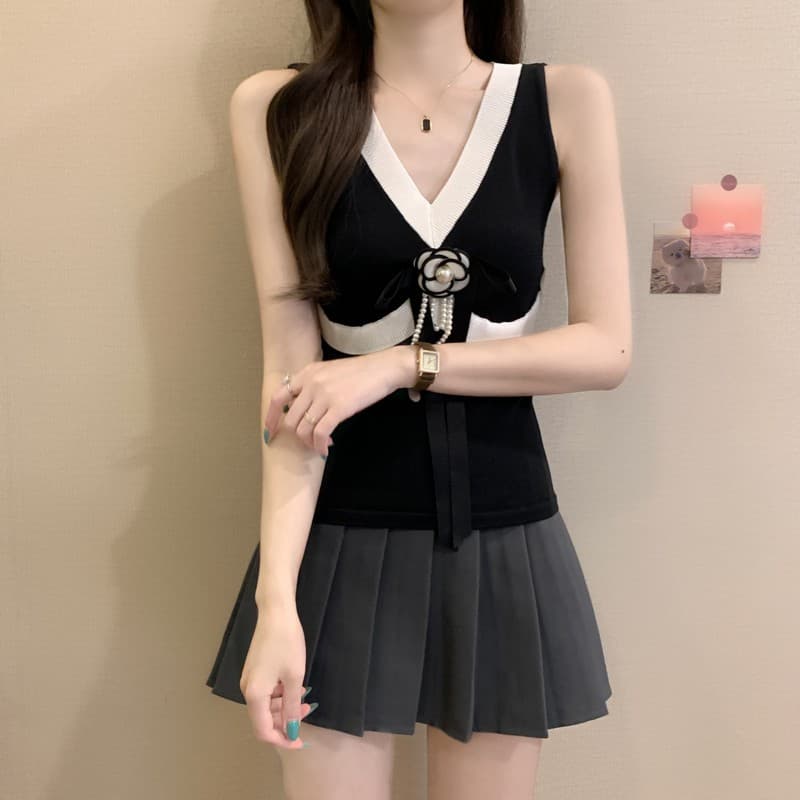 실사 정가 여름 새로운 프랑스식 빛 요리 한 작은 샤넬 스타일 V넥 연령 감소 민소매 다용도 로얄 자매 팬 품격 맨위 상세 이미지 17