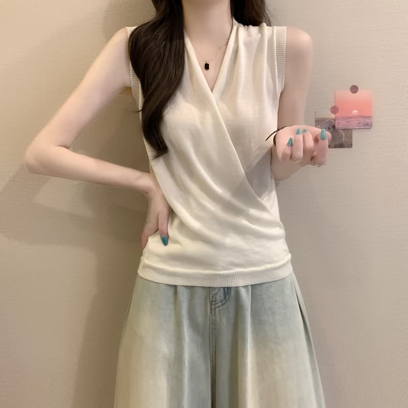 실사 정가 여름 새로운 한국 스타일 디자인 센스 품격 십자가 흔들다 칼라 순수한 욕망 민소매 작은 대중 쇼트 스타일 니트 스웨터 상세 이미지 8