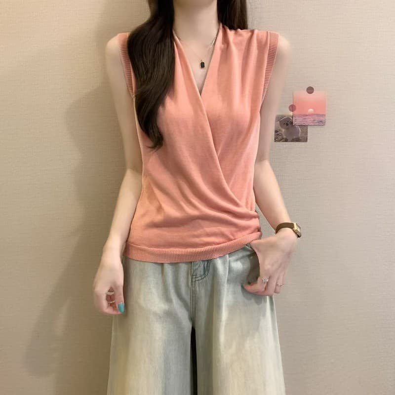 실사 정가 여름 새로운 한국 스타일 디자인 센스 품격 십자가 흔들다 칼라 순수한 욕망 민소매 작은 대중 쇼트 스타일 니트 스웨터 상세 이미지 17