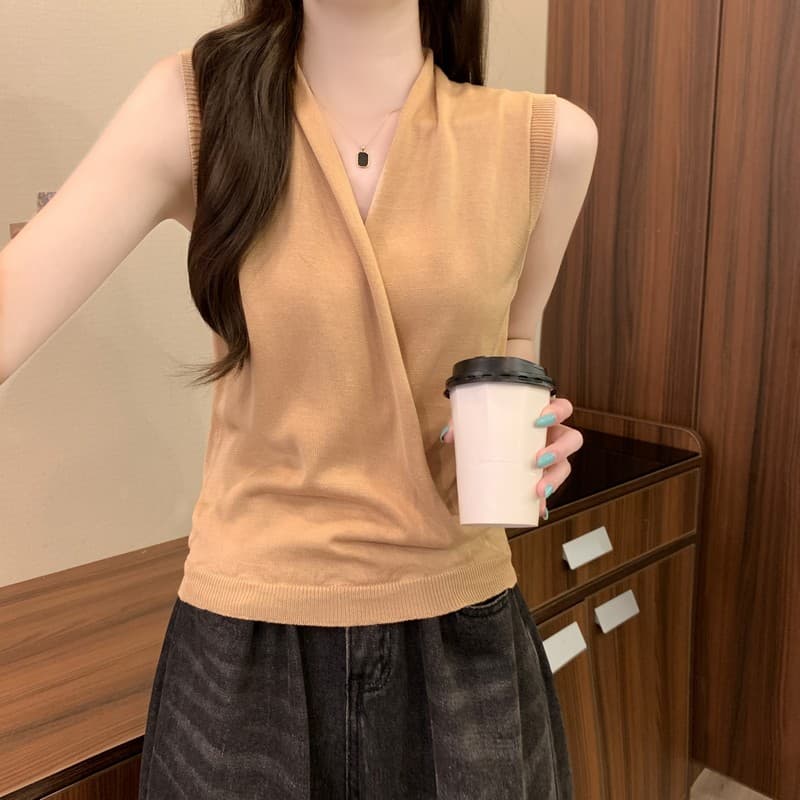 실사 정가 여름 새로운 한국 스타일 디자인 센스 품격 십자가 흔들다 칼라 순수한 욕망 민소매 작은 대중 쇼트 스타일 니트 스웨터 상세 이미지 27