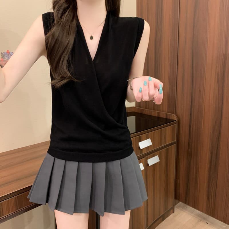 실사 정가 여름 새로운 한국 스타일 디자인 센스 품격 십자가 흔들다 칼라 순수한 욕망 민소매 작은 대중 쇼트 스타일 니트 스웨터 상세 이미지 37
