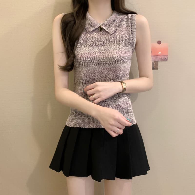 실사 정가 여름 새로운 한국 스타일 레트로 폴로 칼라 캐주얼 민소매 몸매 가꾸기 슬림해 보이는 니트 조끼 맨위 여성 이미지 2