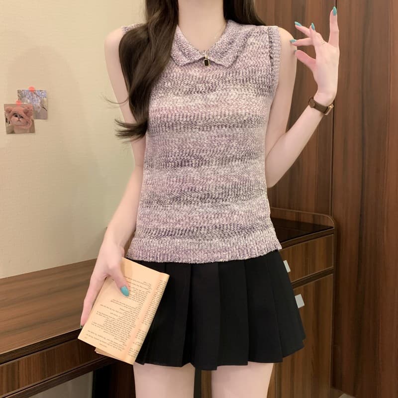 실사 정가 여름 새로운 한국 스타일 레트로 폴로 칼라 캐주얼 민소매 몸매 가꾸기 슬림해 보이는 니트 조끼 맨위 여성 이미지 4