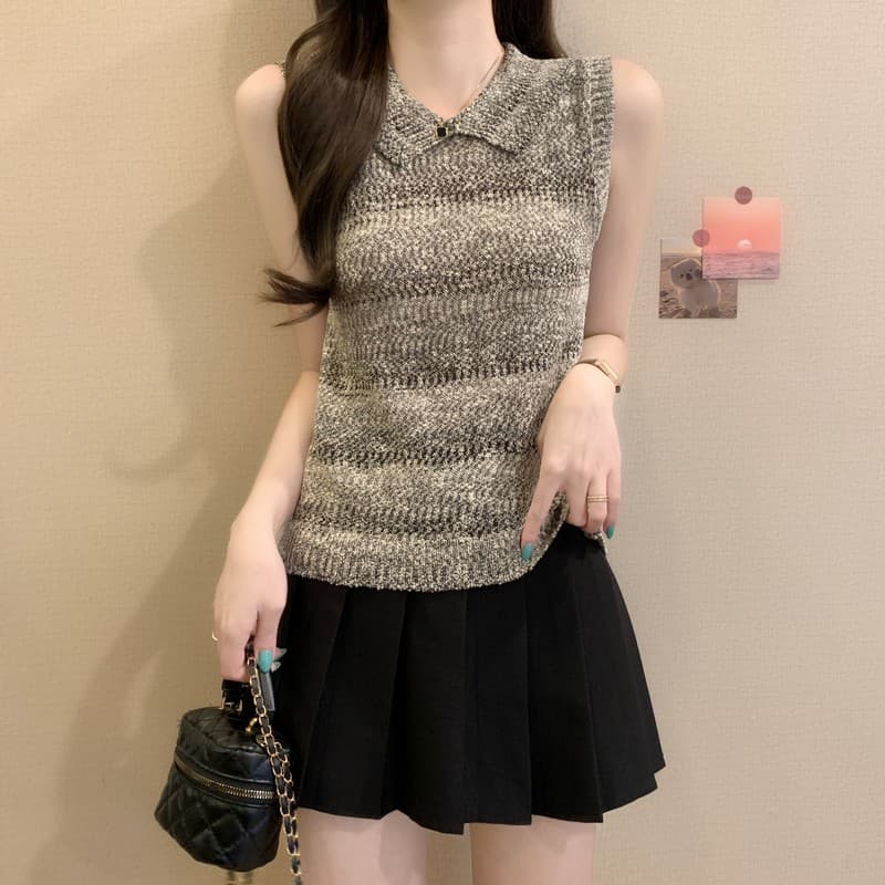 실사 정가 여름 새로운 한국 스타일 레트로 폴로 칼라 캐주얼 민소매 몸매 가꾸기 슬림해 보이는 니트 조끼 맨위 여성 상세 이미지 15