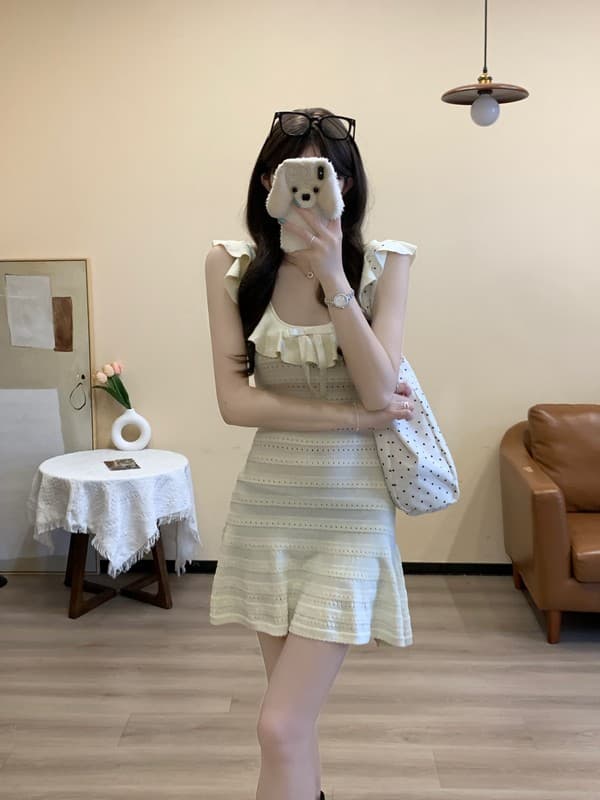 실사 정가 여름 새로운 프랑스식 디자인 센스 프릴 u 칼라 허리 수축 한 마디 미니 스커트 슬림해 보이는 니트 드레스 상세 이미지 1