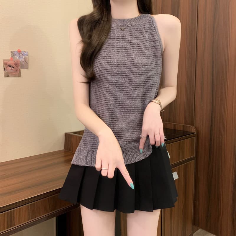 실사 정가 여름 새로운 한국 스타일 레트로 질감 센스 라운드 넥 행침 목 오프숄더 민소매 니트 패션 맨위 상세 이미지 15