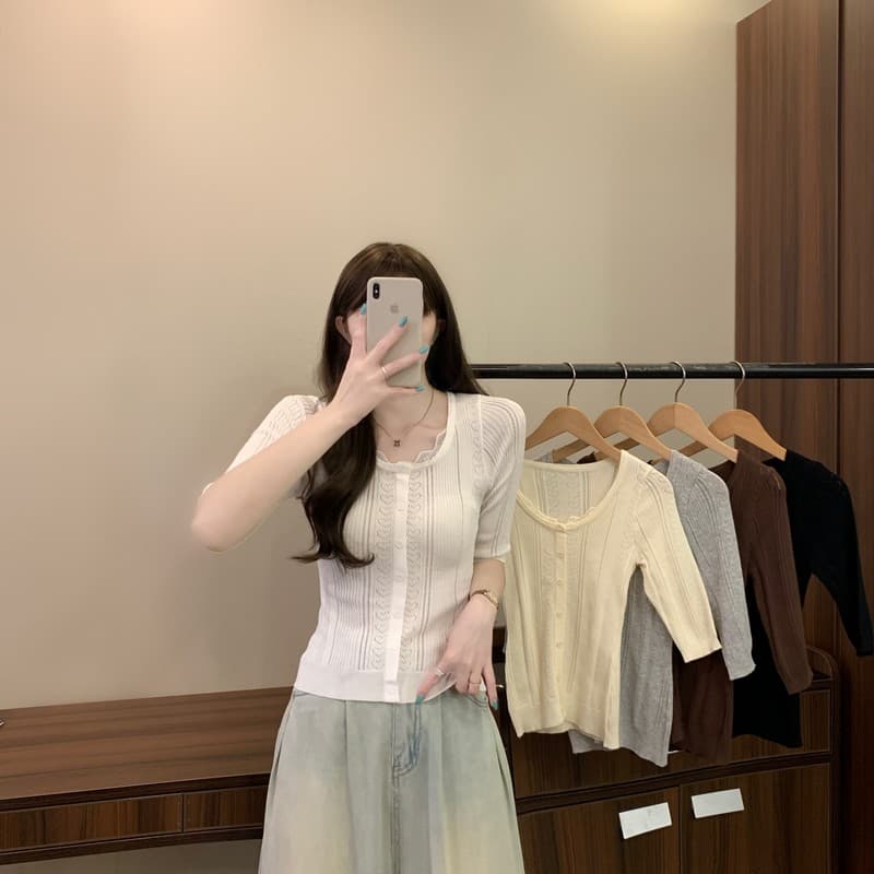 실사 정가 이른 가을 새로운 한 부서 디자인 센스 레이스 조각 부드러운 바람 얇은 스타일 몸매 가꾸기 슬림해 보이는 반팔 니트 상세 이미지 1