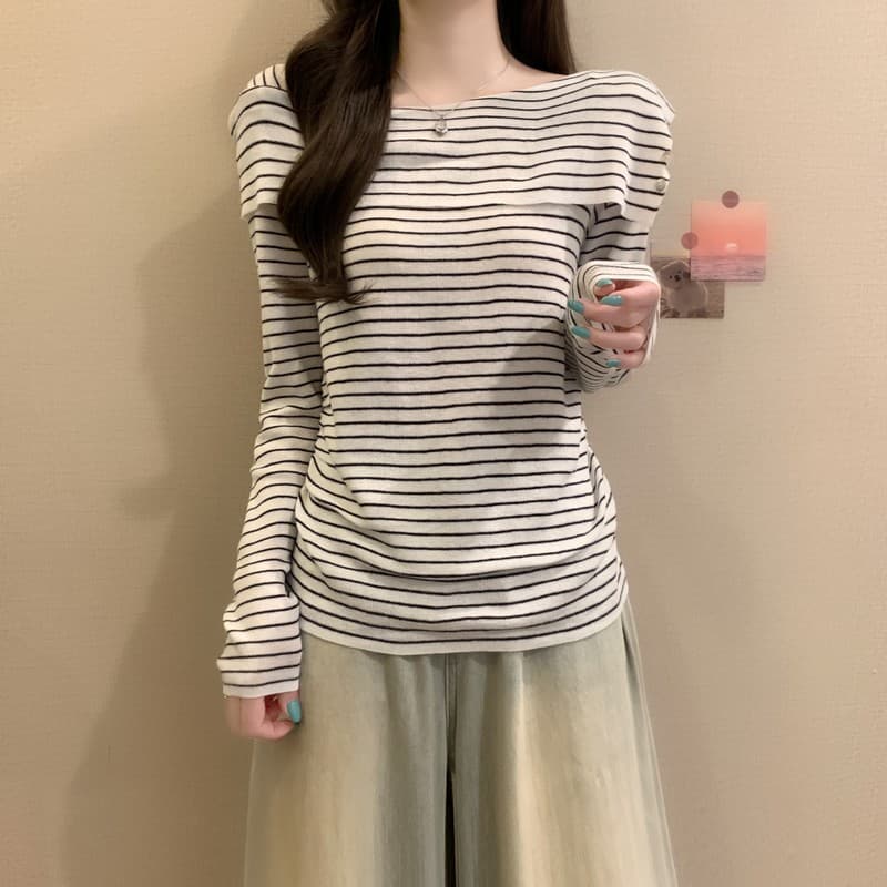 실사 정가 이른 가을 새로운 프랑스식 부드러운 순수한 욕망 레트로 스트라이프 보트넥 오프숄더 몸매 가꾸기 슬림해 보이는 니트 스웨터 상세 이미지 5