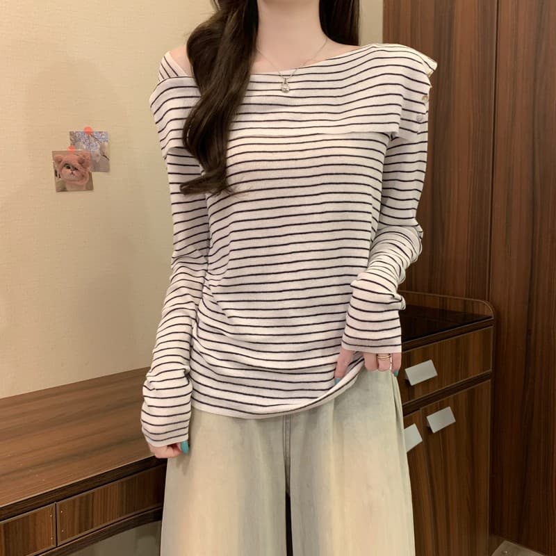 실사 정가 이른 가을 새로운 프랑스식 부드러운 순수한 욕망 레트로 스트라이프 보트넥 오프숄더 몸매 가꾸기 슬림해 보이는 니트 스웨터 상세 이미지 6
