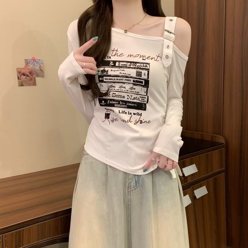 실사 정가 이른 가을 새로운 디자인 센스 불규칙 밑단 달콤한 매운맛 오프숄더 비스듬한 칼라 프린트 긴팔 기본 셔츠 상세 이미지 5