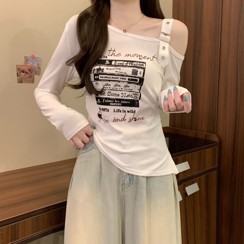 실사 정가 이른 가을 새로운 디자인 센스 불규칙 밑단 달콤한 매운맛 오프숄더 비스듬한 칼라 프린트 긴팔 기본 셔츠 상세 이미지 6