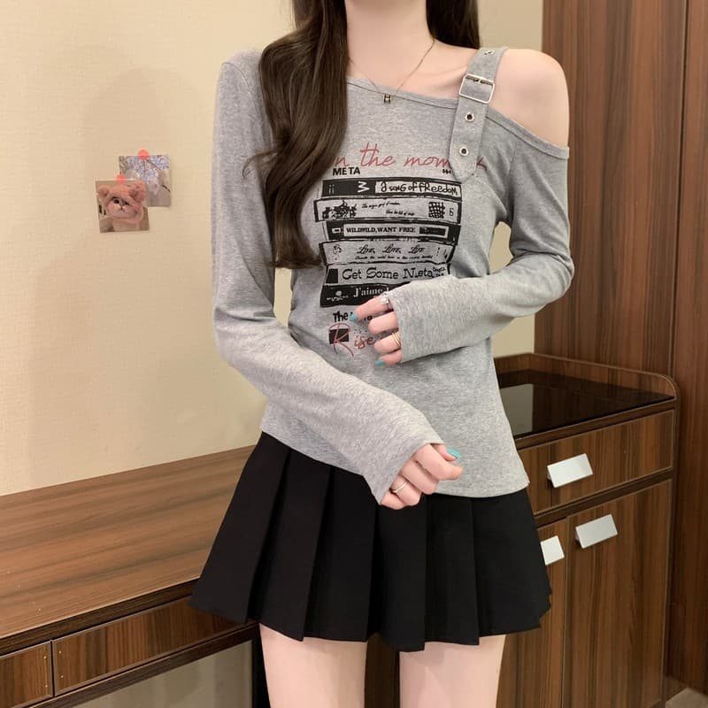 실사 정가 이른 가을 새로운 디자인 센스 불규칙 밑단 달콤한 매운맛 오프숄더 비스듬한 칼라 프린트 긴팔 기본 셔츠 상세 이미지 11