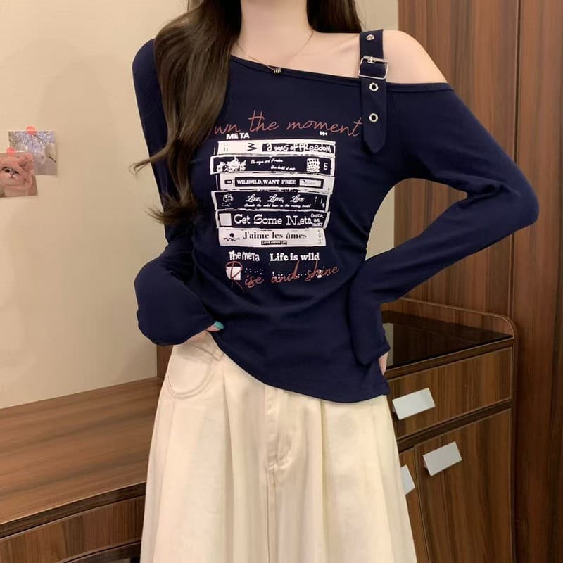 실사 정가 이른 가을 새로운 디자인 센스 불규칙 밑단 달콤한 매운맛 오프숄더 비스듬한 칼라 프린트 긴팔 기본 셔츠 상세 이미지 24