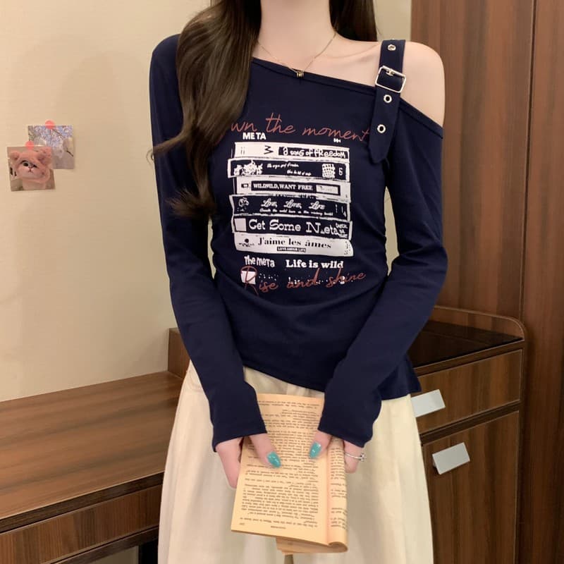 실사 정가 이른 가을 새로운 디자인 센스 불규칙 밑단 달콤한 매운맛 오프숄더 비스듬한 칼라 프린트 긴팔 기본 셔츠 상세 이미지 25